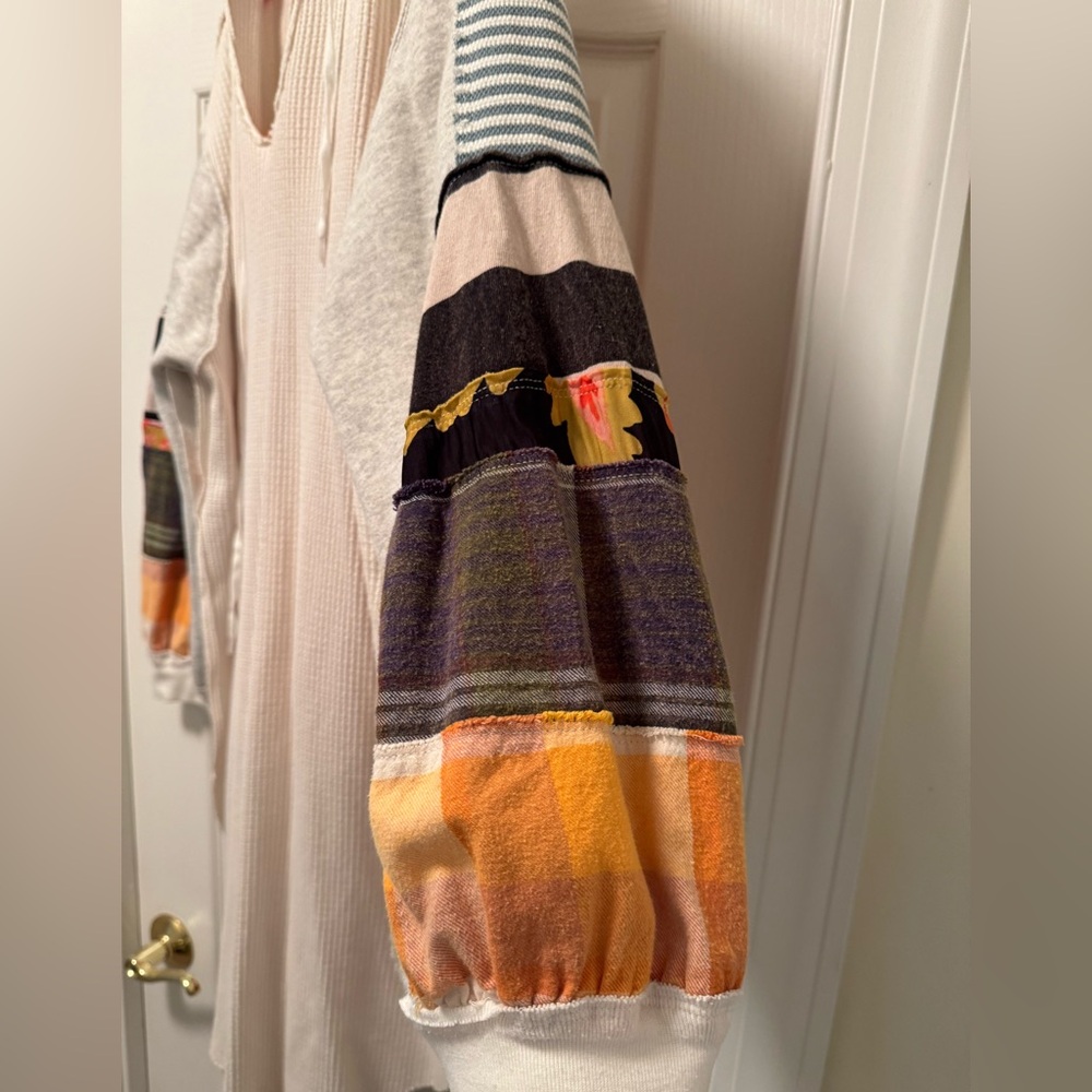 We The Free Cream Hoodie Dress with Multicolor Patchwork Sleeves - Picture 3 of 5